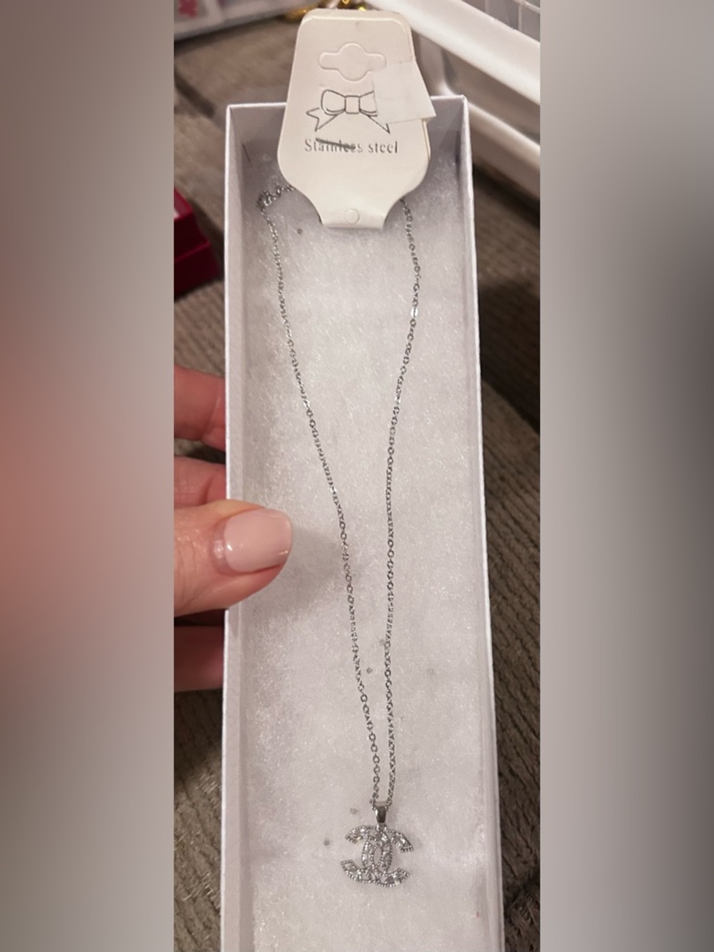 Fashion Jewelry Silver-Tone Sparkling Double-C Logo Pendant Necklace, NEW